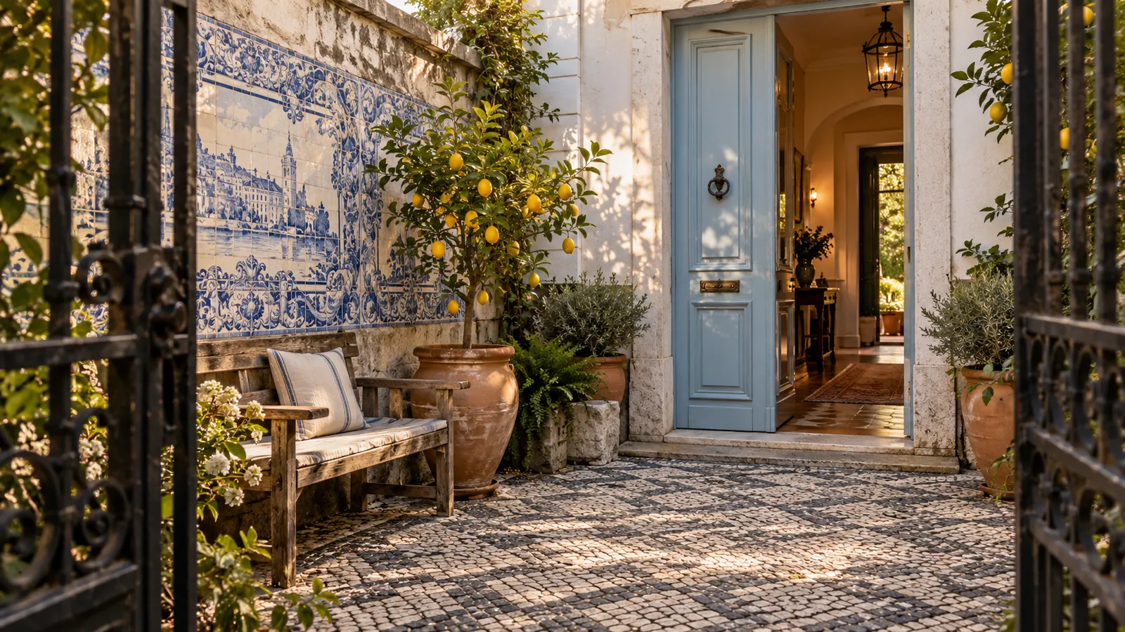 An open blue doorway, tiled courtyard and lemon tree at a welcoming home