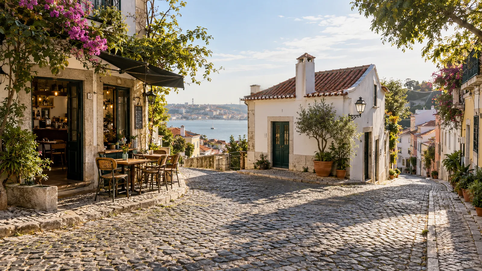 A sunlit junction of three quiet Portuguese neighbourhood paths with a small cafe.