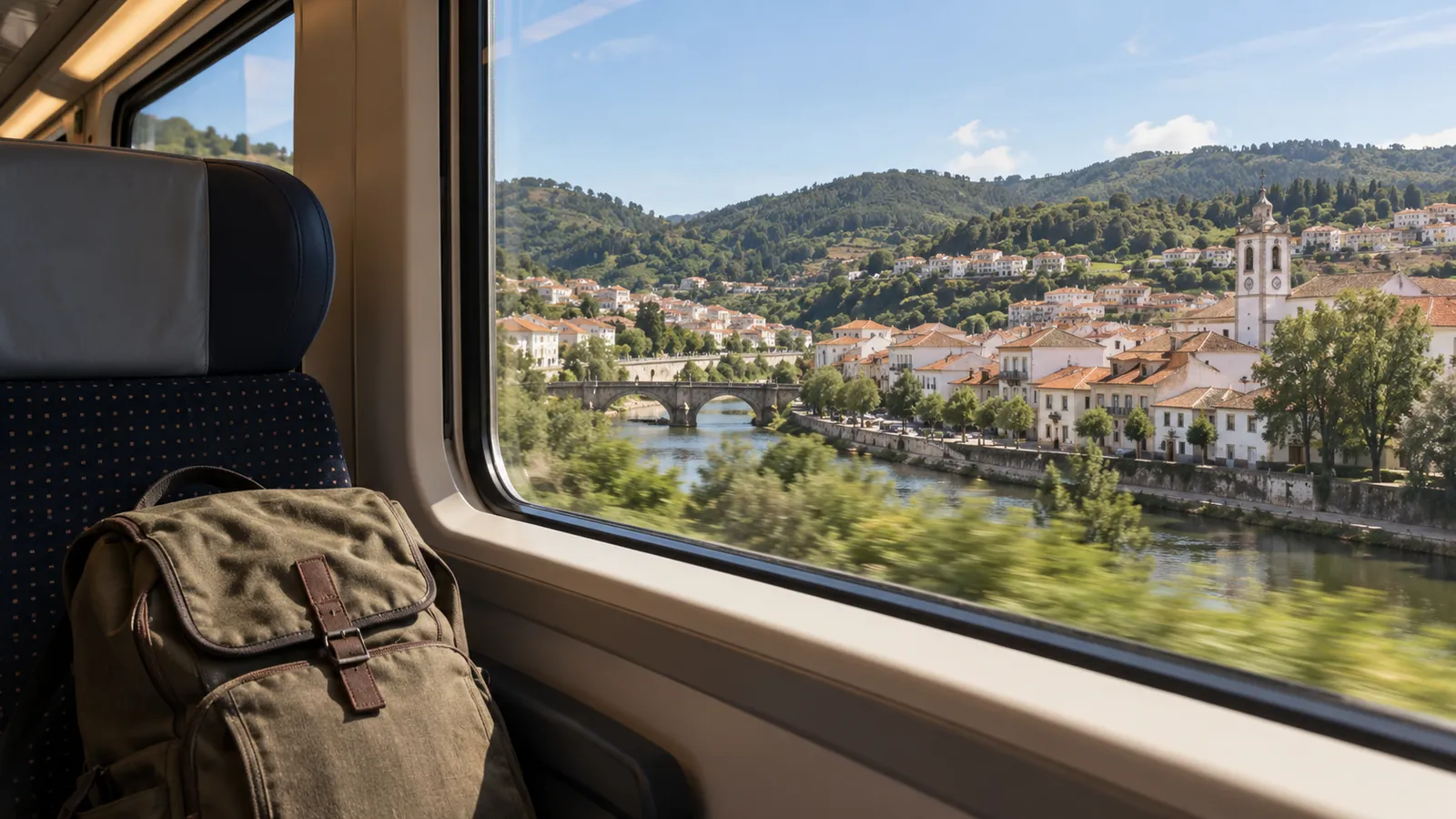 A welcoming Portuguese town seen from an approaching regional train window.