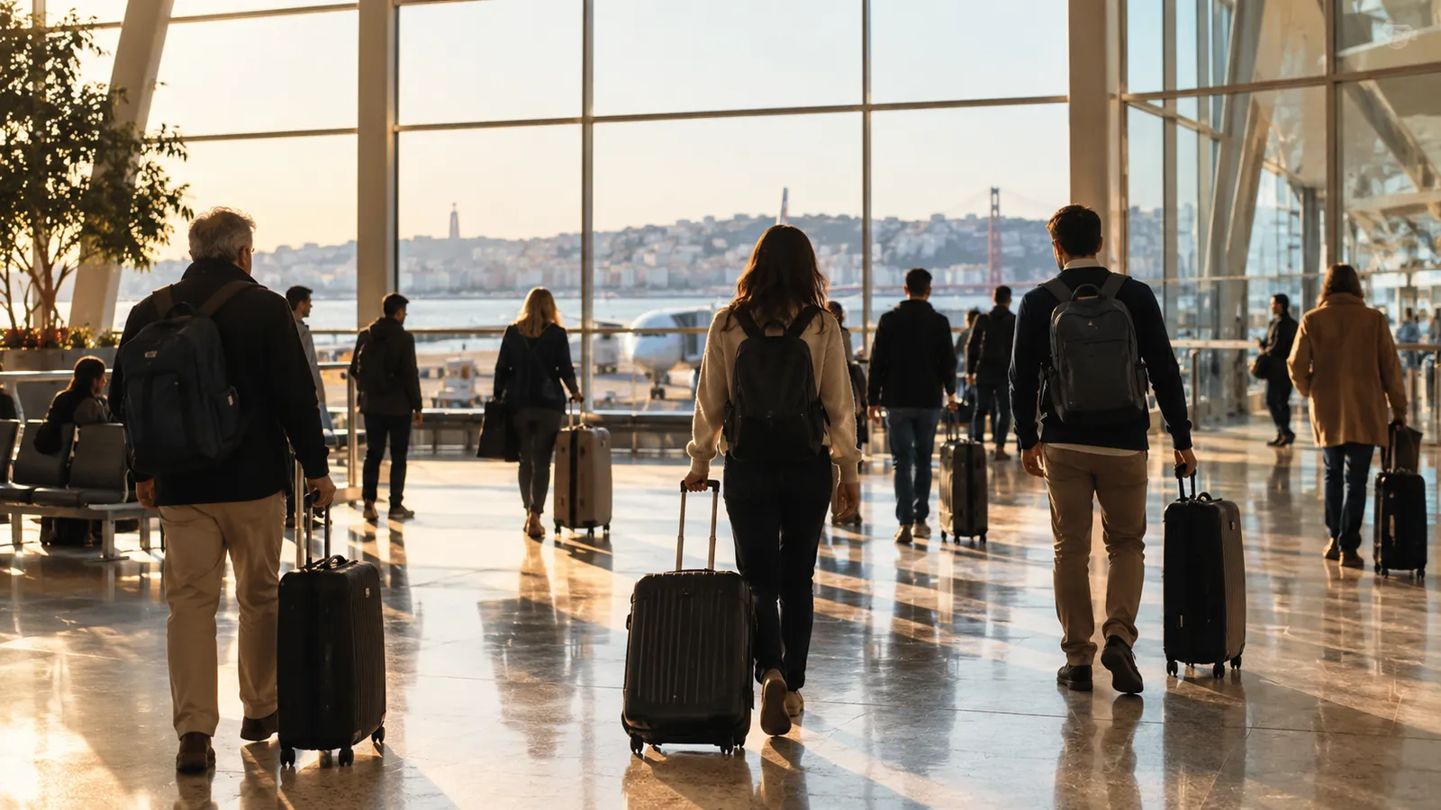 A broad airport departure hall with a mixed group of distant adult travellers and practical rolling cases.