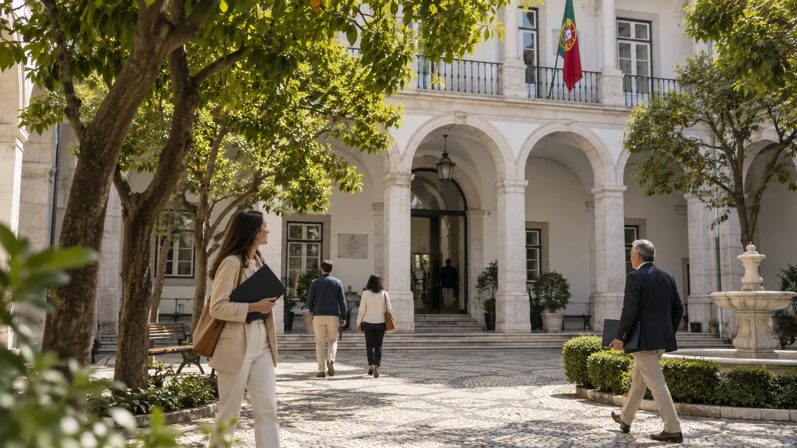 A peaceful civic-office courtyard in Portugal with pale stone arcades.