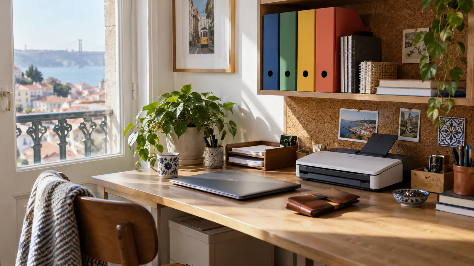 A beautifully organised everyday home administration space with a cork shelf.