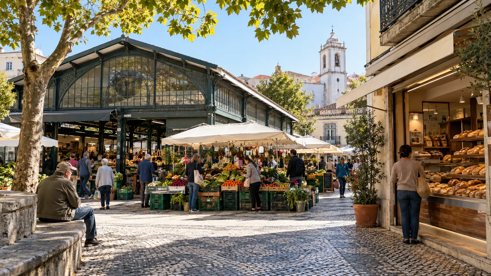 A Portuguese neighbourhood food market viewed from across a small plaza.
