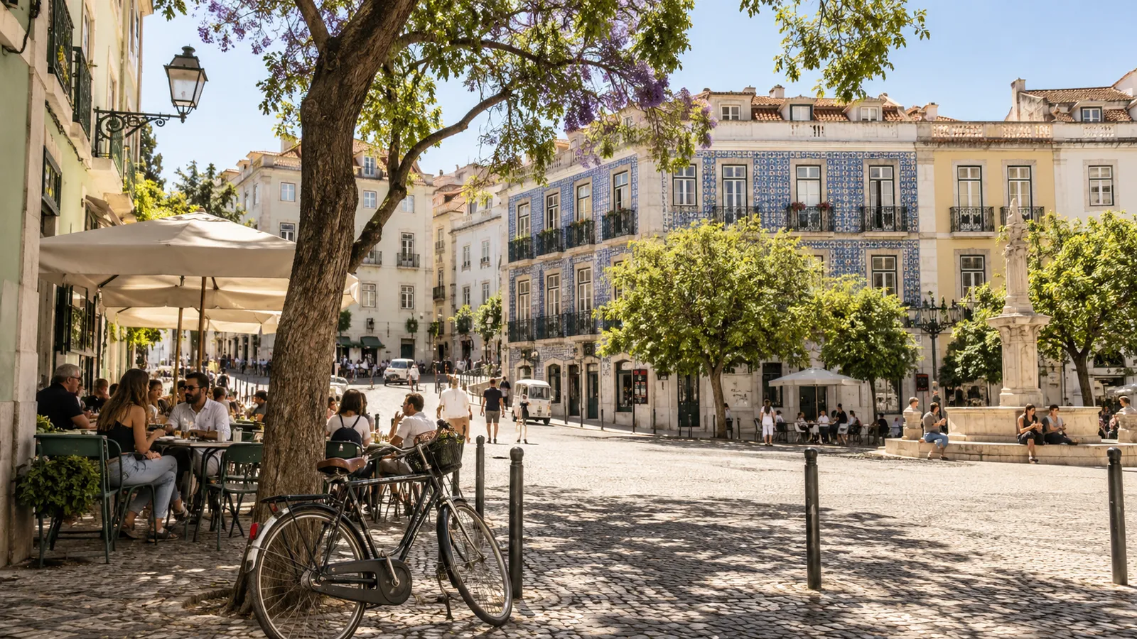 An appealing Portuguese city neighbourhood seen diagonally across a sunlit square.