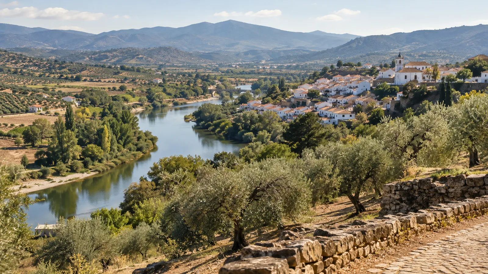 A broad inland Portuguese valley with a whitewashed village.