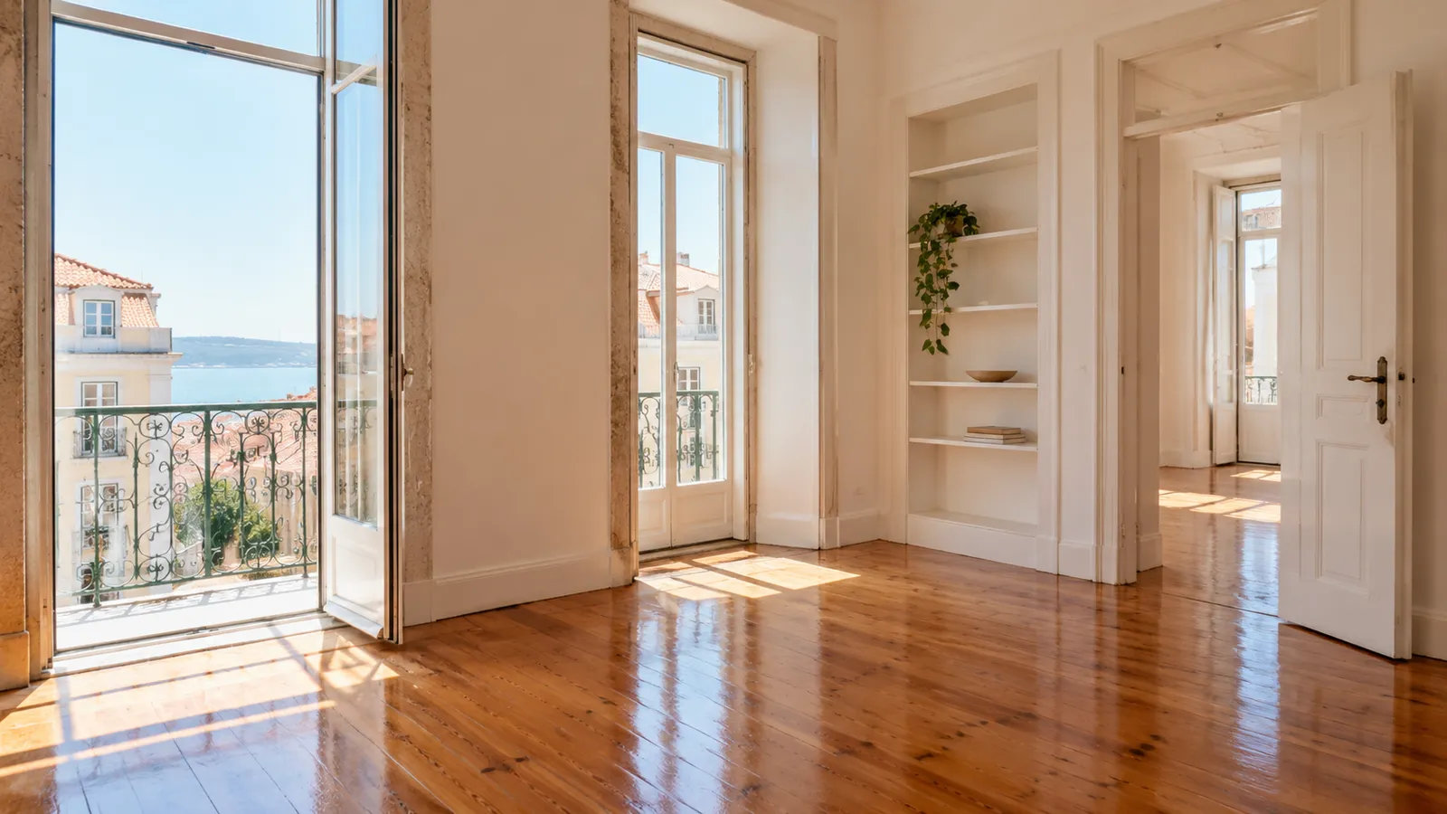 A bright unfurnished Portuguese rental apartment with tall windows.