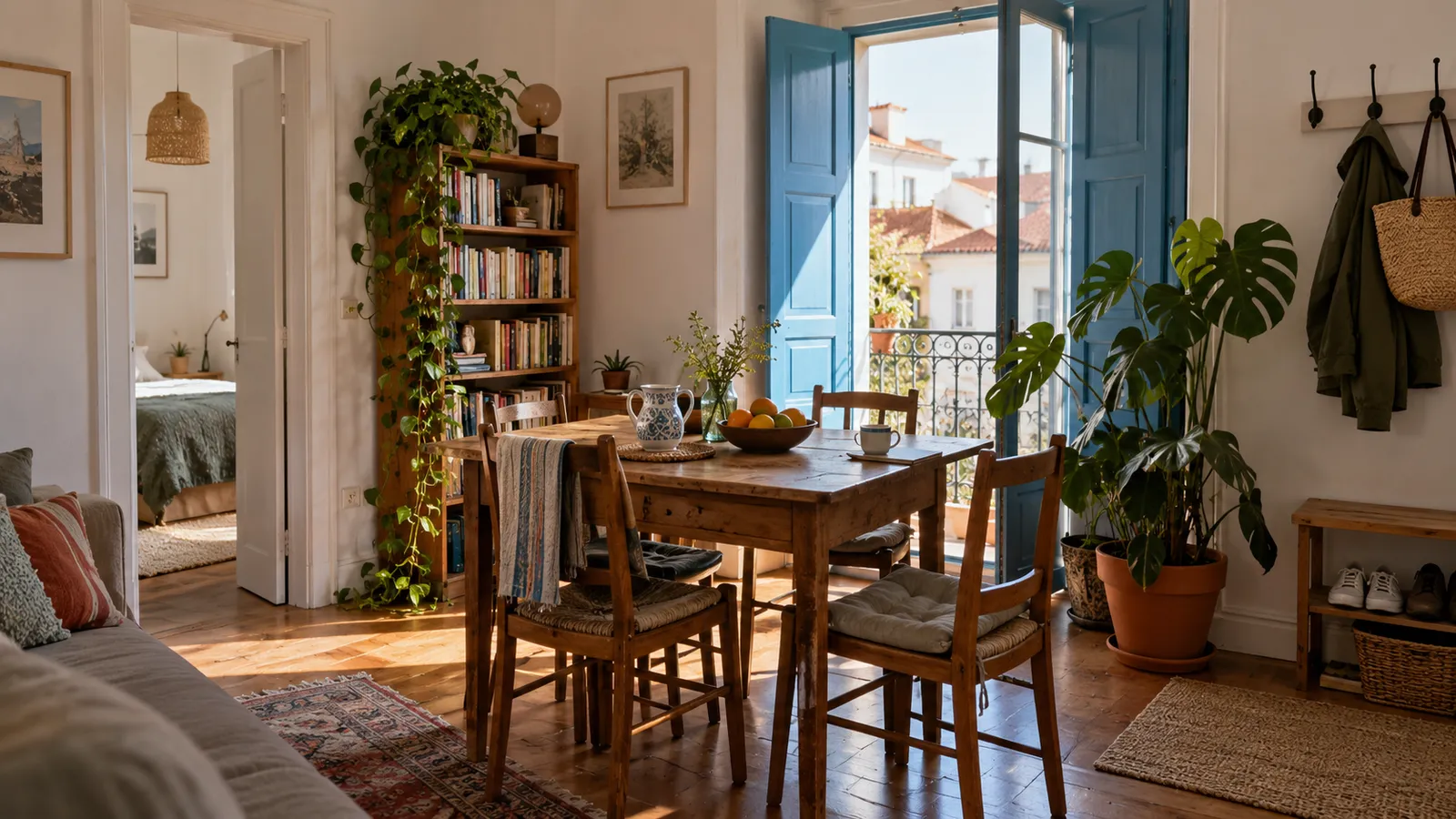 A comfortable lived-in rented apartment with a small dining area.