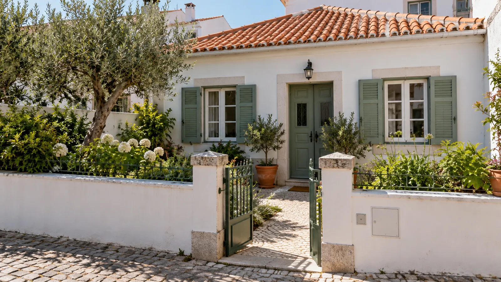 A charming but ordinary Portuguese townhouse with a planted front courtyard.