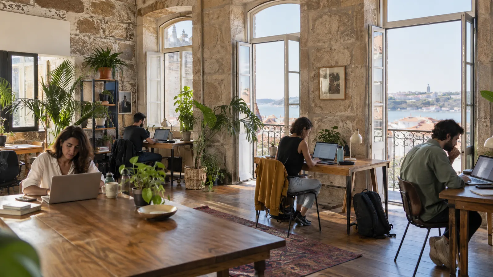 A bright Portuguese shared workspace in an old stone building.