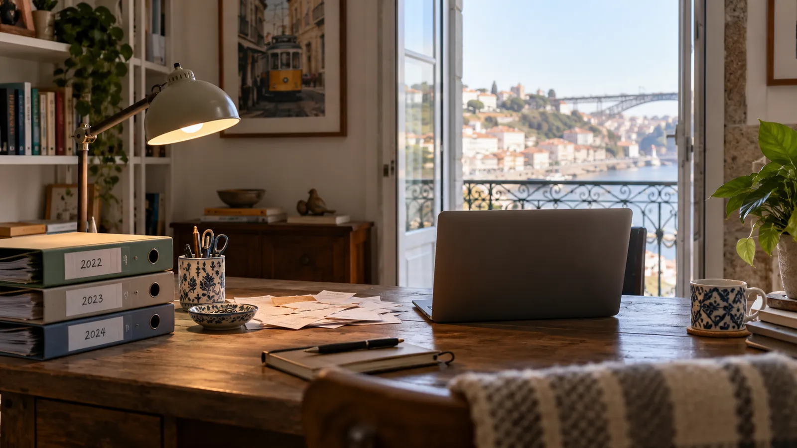A composed home-office scene with annual record folders.