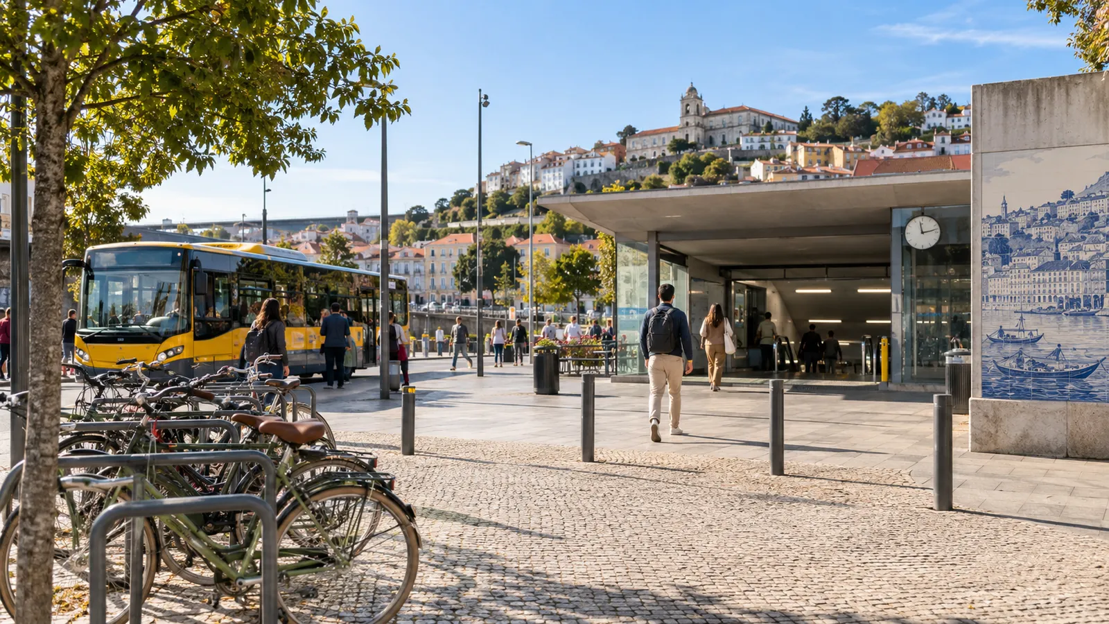 A sunny Portuguese multimodal neighbourhood interchange with pedestrian paving.