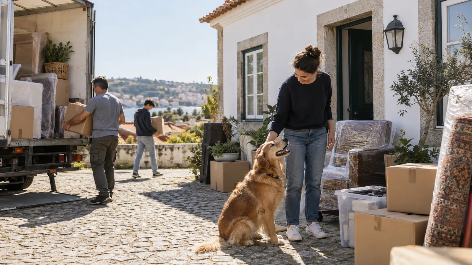 An international household move in progress outside a modest Portuguese house.
