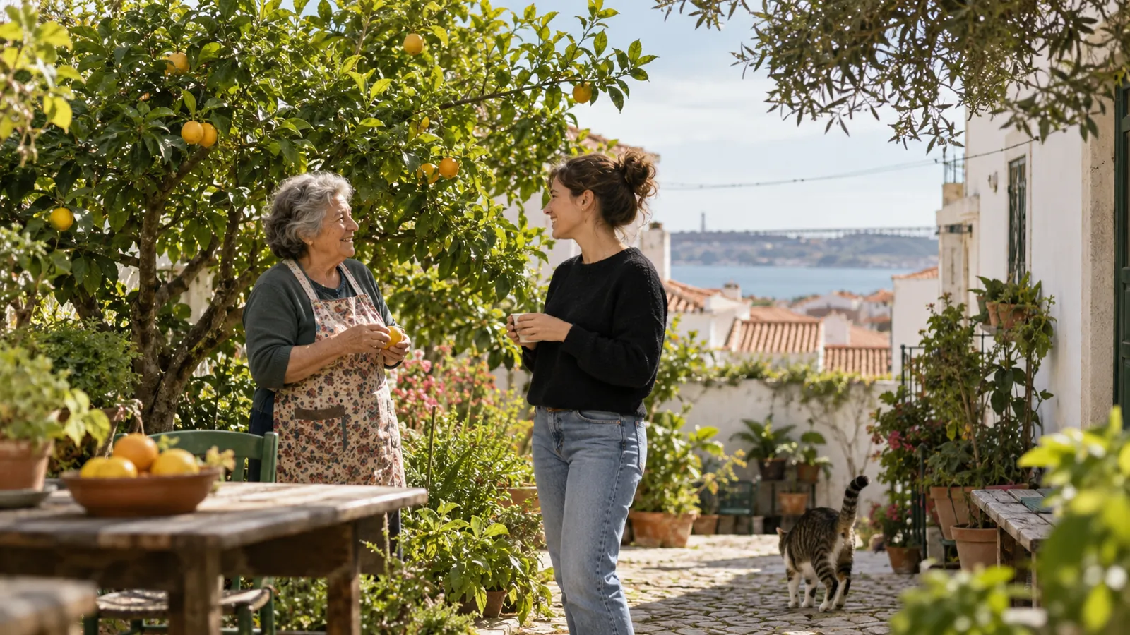 A mature neighbourhood garden shared by several Portuguese homes.