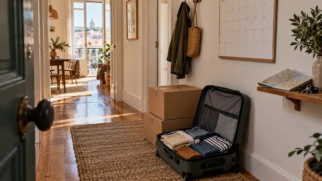 Packed luggage and moving cartons beside a hallway shelf with a map and keys