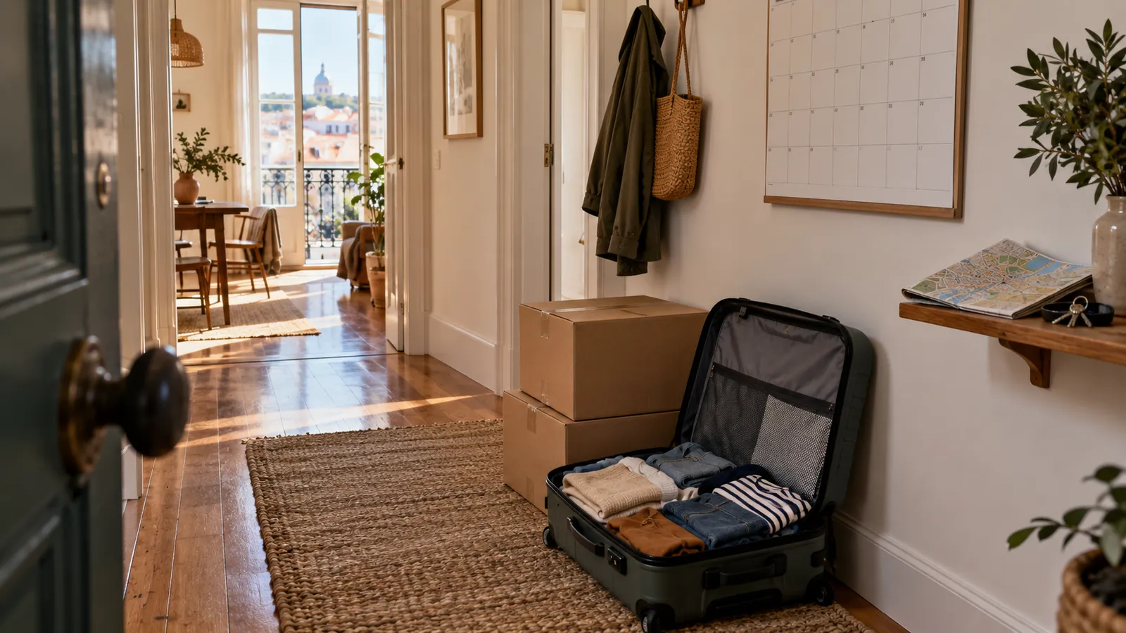 Packed luggage and moving cartons beside a hallway shelf with a map and keys