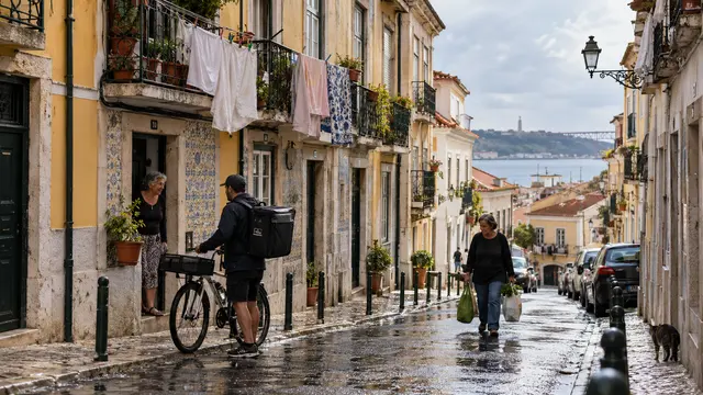 An ordinary weekday scene in a Portuguese residential street after rain: drying laundry on small balconies.