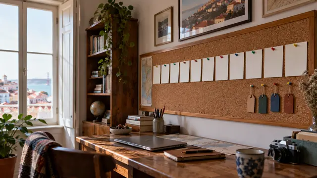 A long cork planning board in a home study holding twelve blank paper cards in a line.