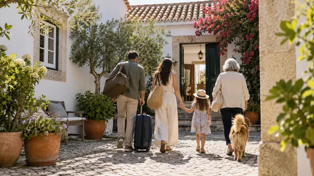 A multigenerational household seen from behind carrying modest bags into a sunny Portuguese courtyard.