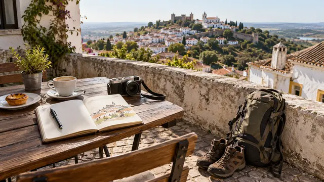 A traveller's small sketchbook and compact camera on a cafe terrace table overlooking a hilltop Portuguese town.