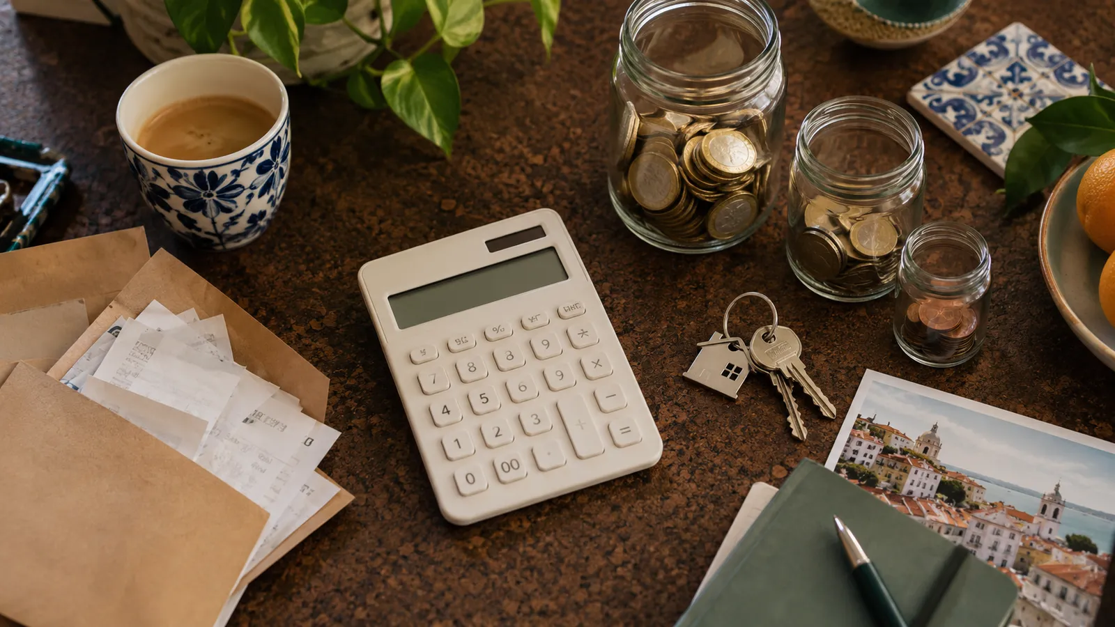 Top-down photograph of a relocation budget workspace: a cream calculator.