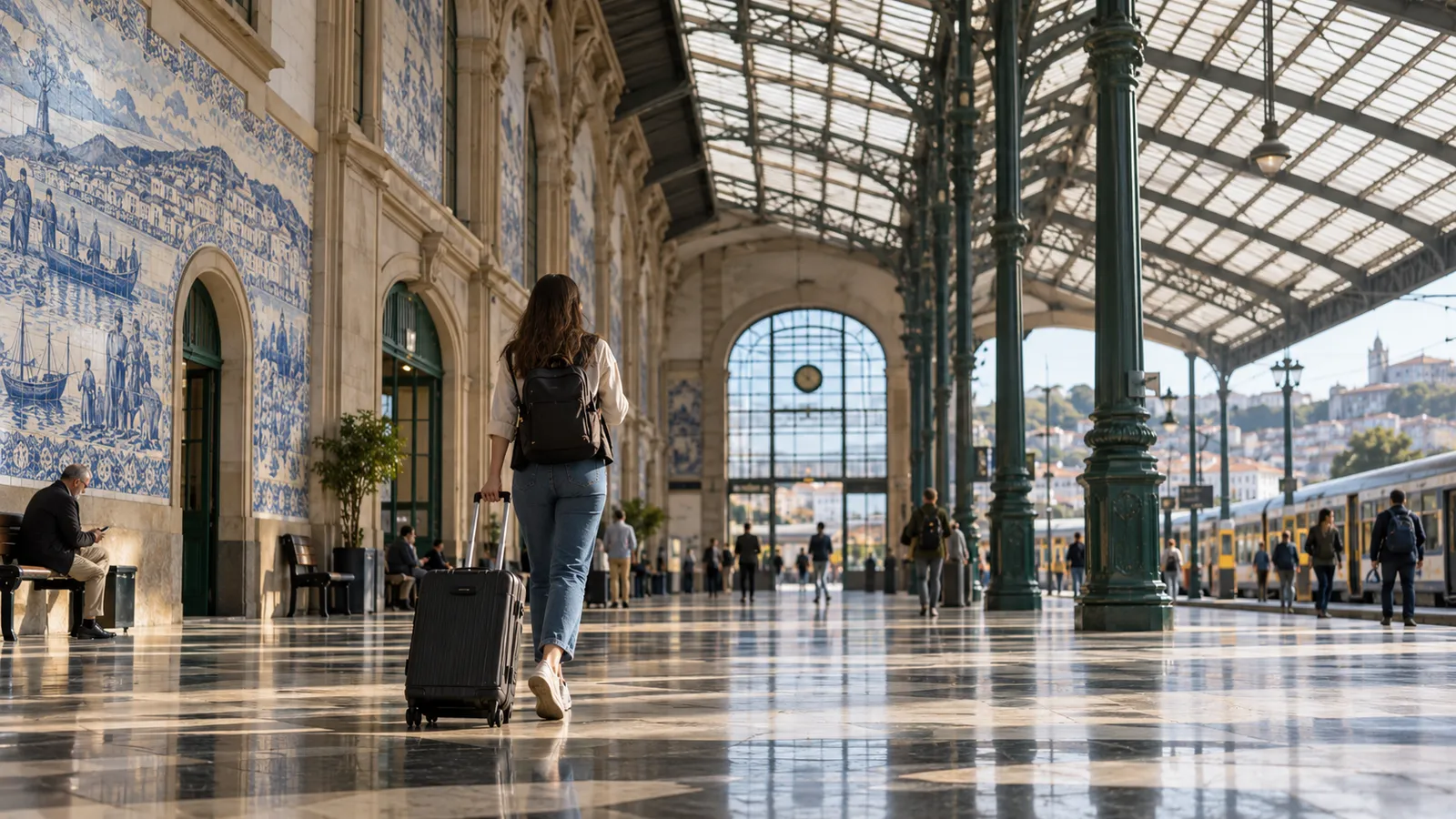 An adult traveller walking through a bright European railway station concourse with a rolling suitcase.
