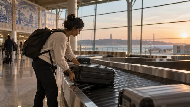 A long-haul arrival scene with an adult collecting a plain suitcase from a quiet airport baggage belt.
