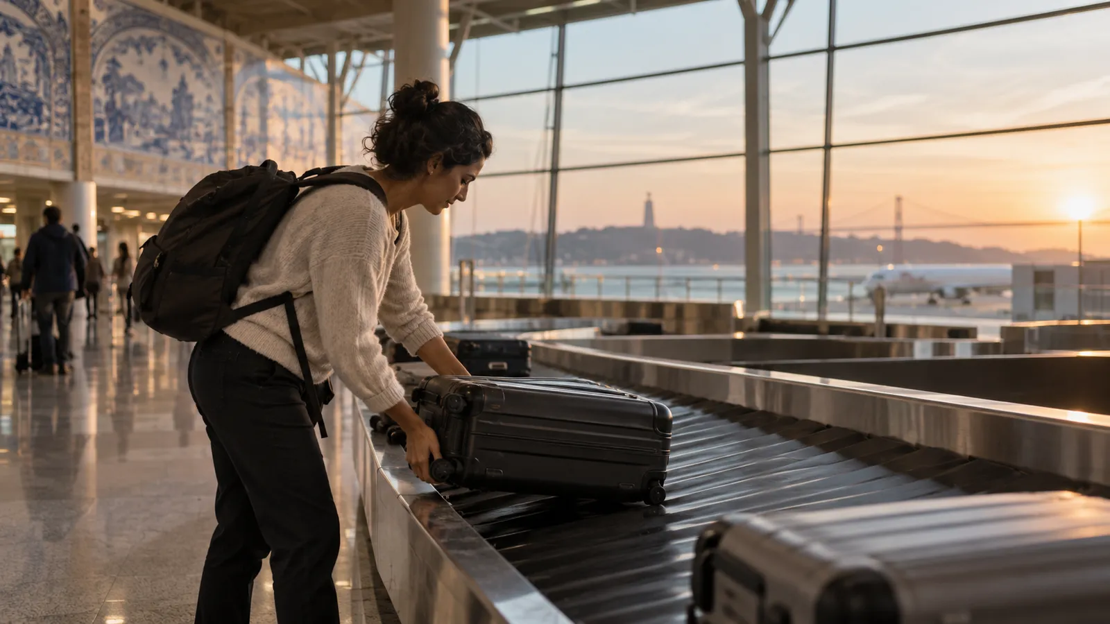 A long-haul arrival scene with an adult collecting a plain suitcase from a quiet airport baggage belt.