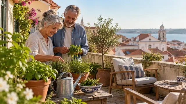 An older couple tending herbs on a small Portuguese terrace overlooking warm roof tiles.