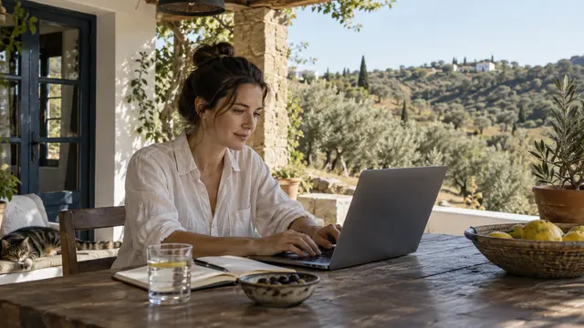A remote professional working at a laptop with its screen angled away on a shaded inland Portuguese terrace.