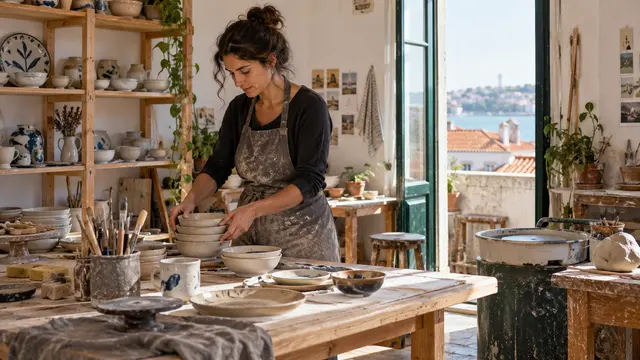 An independent craftsperson arranging handmade ceramics in a small bright Portuguese studio with clay tools and open shelving.