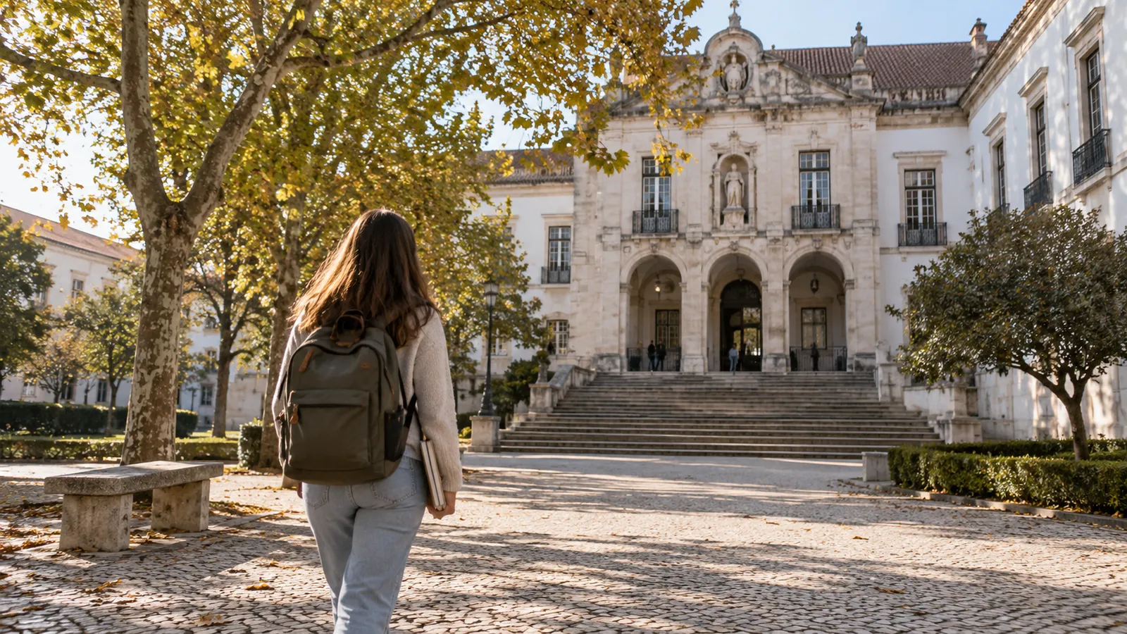 A university student with a backpack entering a quiet Portuguese university courtyard of pale stone.