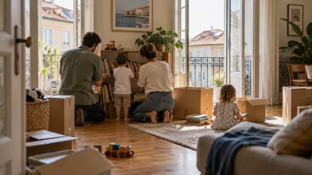 A family unpacking children's books into a low shelf in a modest sunlit apartment.