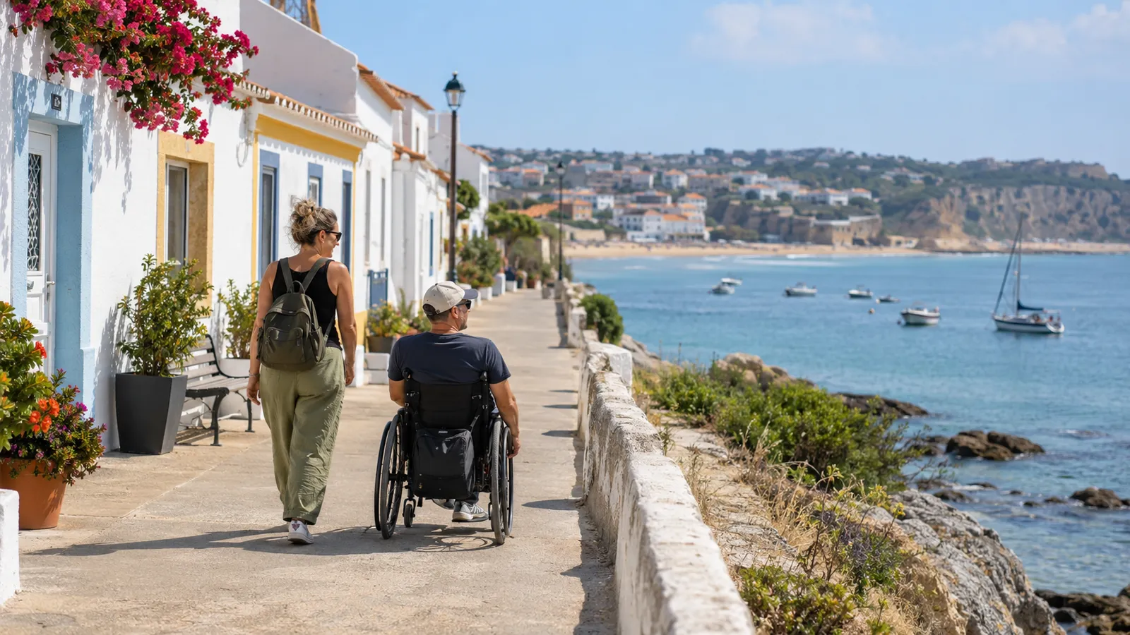 An adult wheelchair user with a companion following a smooth step-free promenade beside low Portuguese homes.