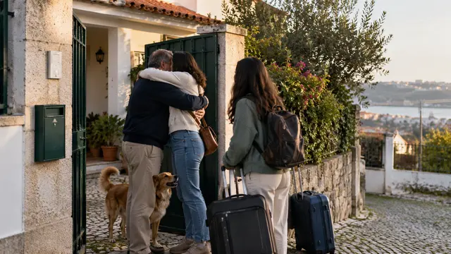 A warm family reunion at the gate of a Portuguese suburban house.