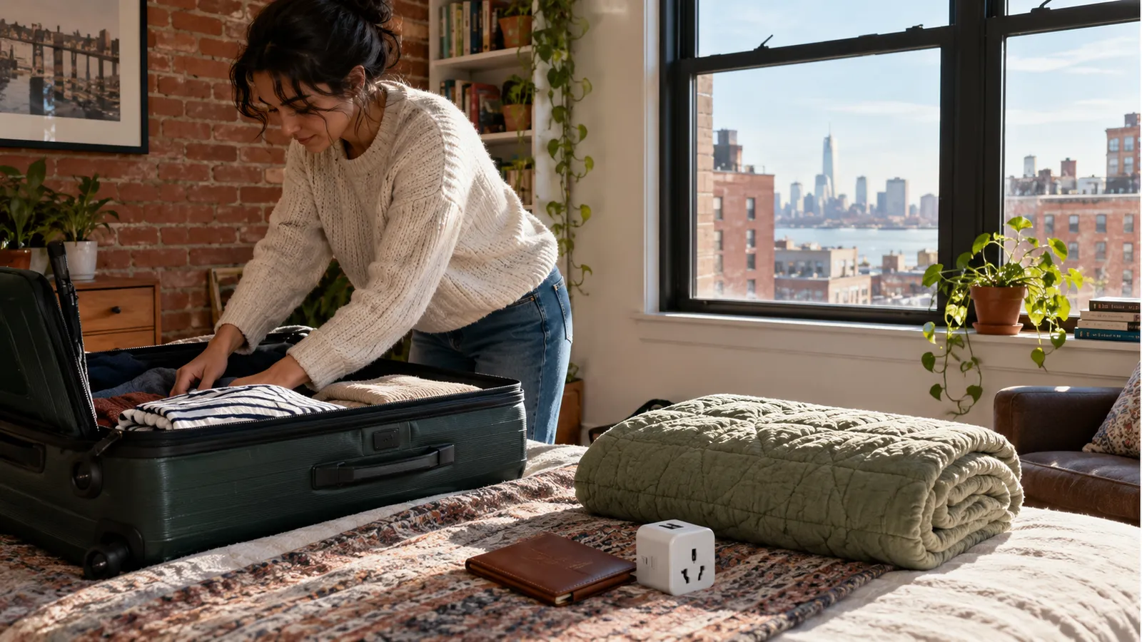 A traveller preparing an Atlantic move in a North American red-brick apartment: a large rolling suitcase.