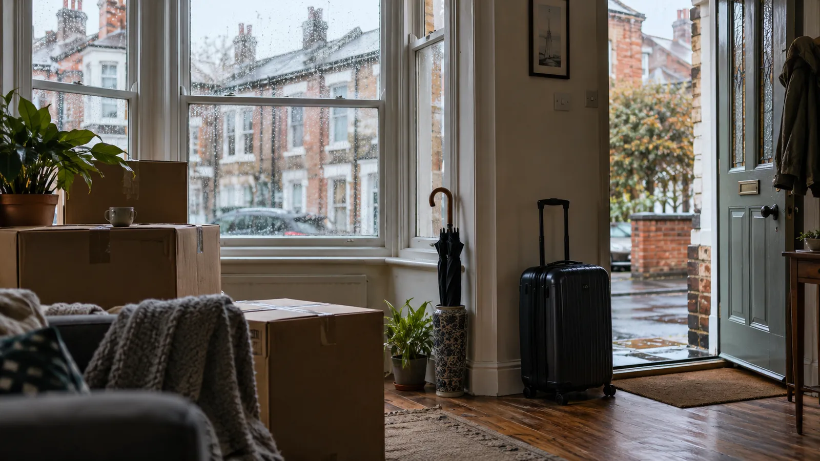 Moving boxes and an umbrella beside a rain-speckled bay window in a British brick terrace home.
