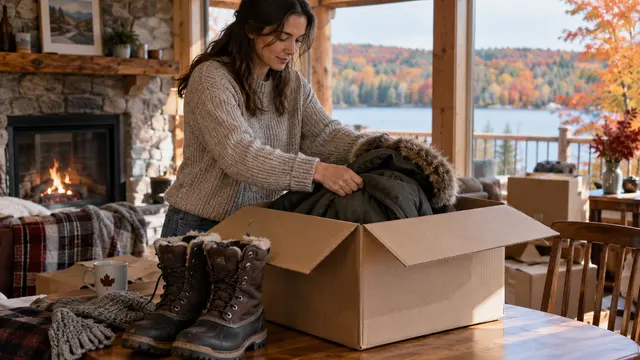 A pair of winter boots and a heavy coat being folded into an open shipping carton in a Canadian-style timber home.