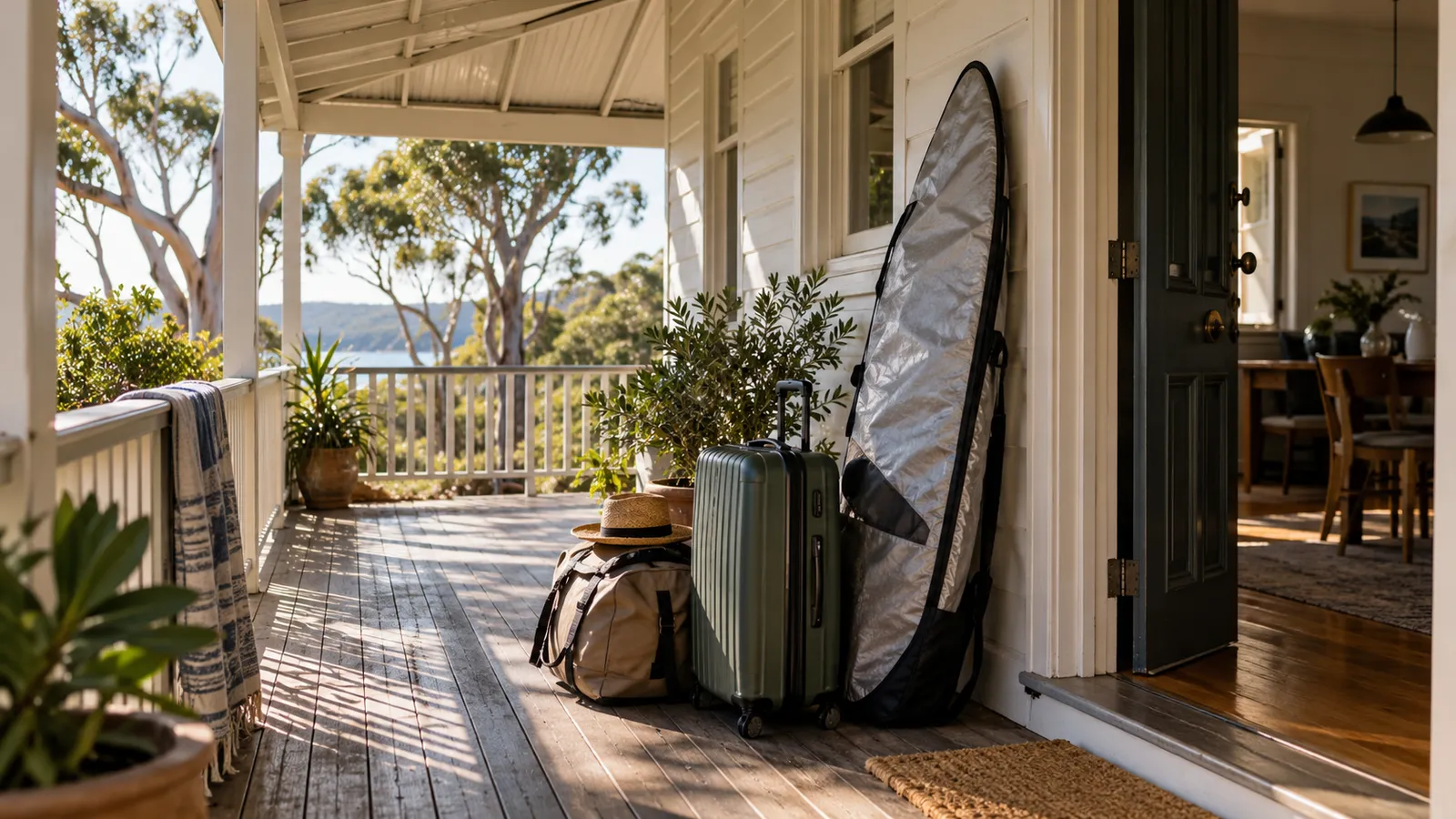 A broad departure-day interior in an Australian-style weatherboard home: sunlit verandah.
