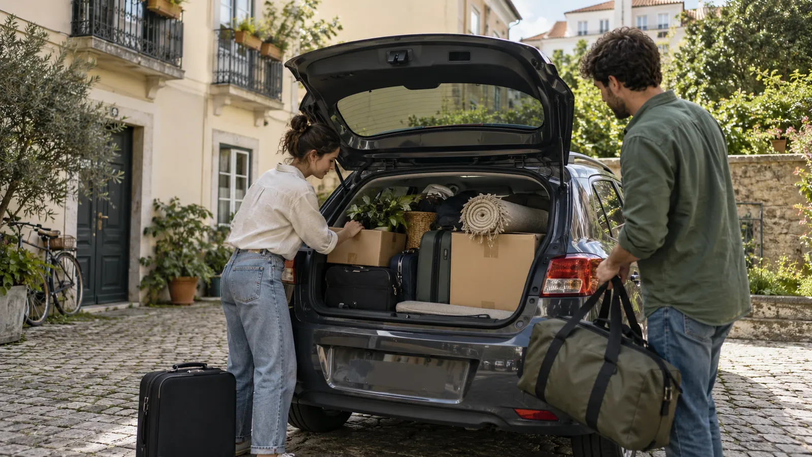 A compact car being packed for a cross-Europe move beside a continental apartment courtyard.