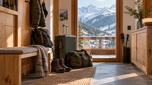 Neatly packed travelling bags in a tidy alpine apartment entryway.