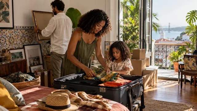 A family packing framed pictures turned away and colourful fabric into a suitcase in a tropical apartment.