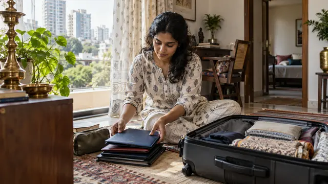 An adult sorting a small stack of closed travel folders beside a suitcase in a contemporary Indian city apartment.