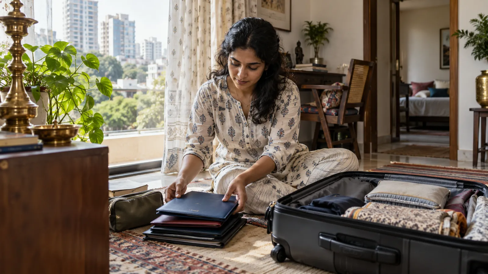 An adult sorting a small stack of closed travel folders beside a suitcase in a contemporary Indian city apartment.