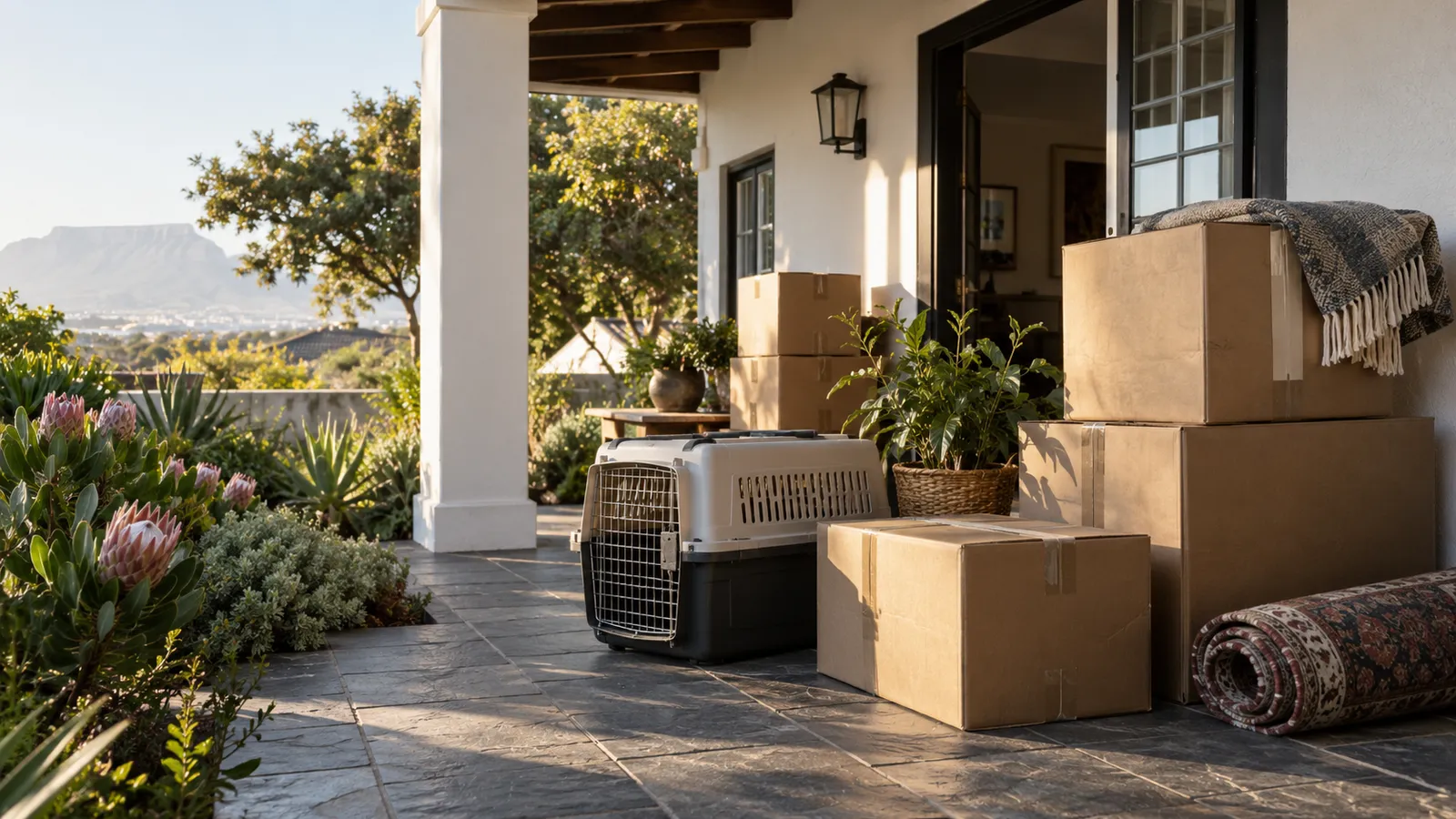 Packed household cartons on the shaded verandah of a South African suburban house.