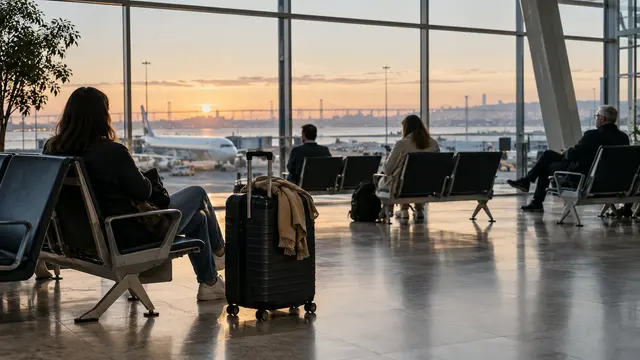 A neutral international departures waiting area with varied travellers seated far apart and a single rolling suitcase in the foreground.