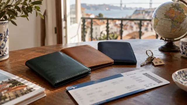 Three plain travel document wallets arranged separately beside an arrival boarding pass with all text blurred.
