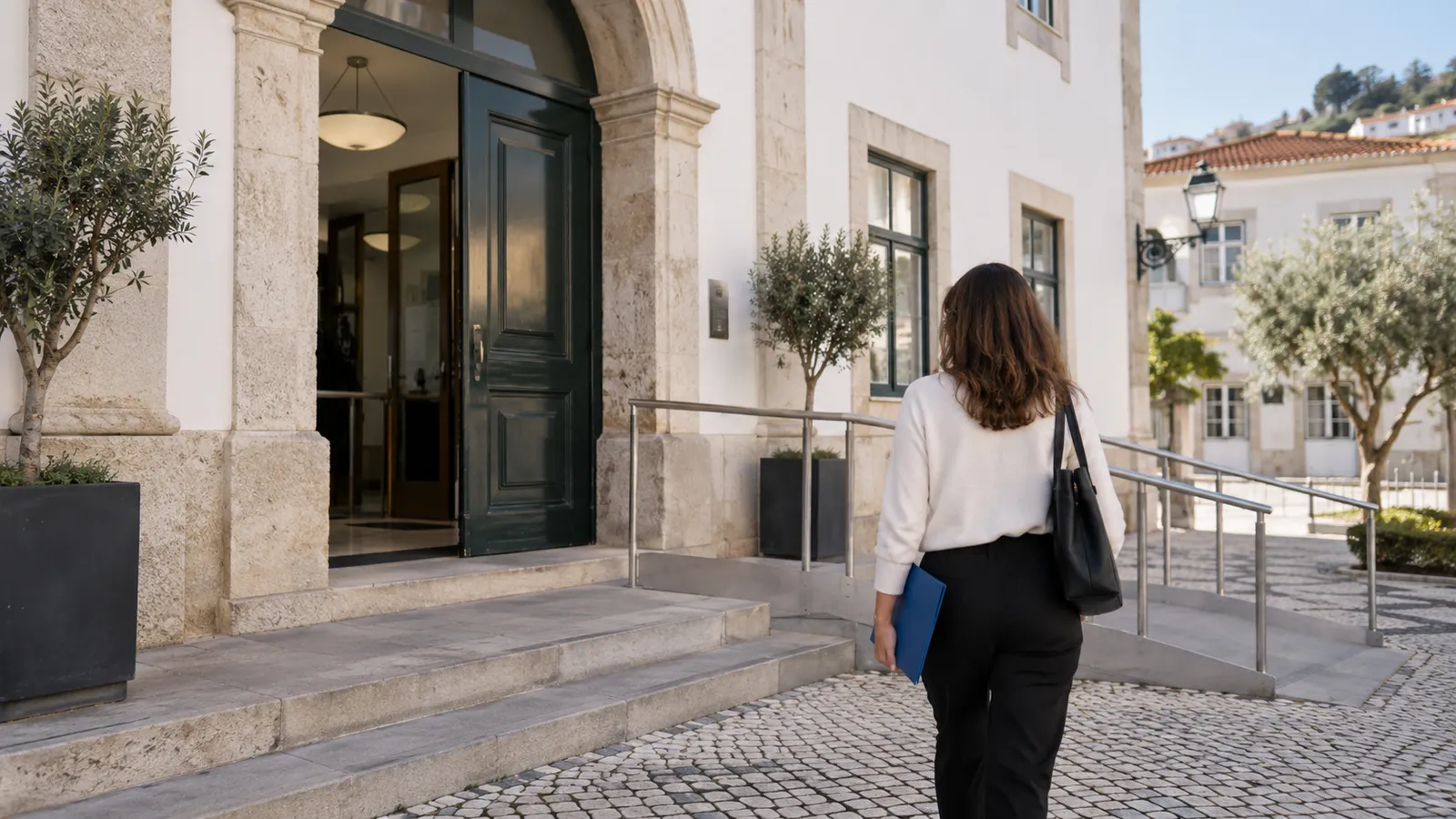 A person approaching a modest Portuguese municipal service building with a closed blue folder.