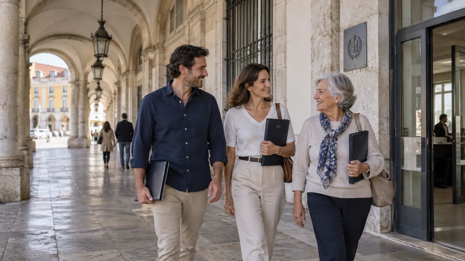 An adult couple and an older relative walking together beneath an arcade towards a civic office.