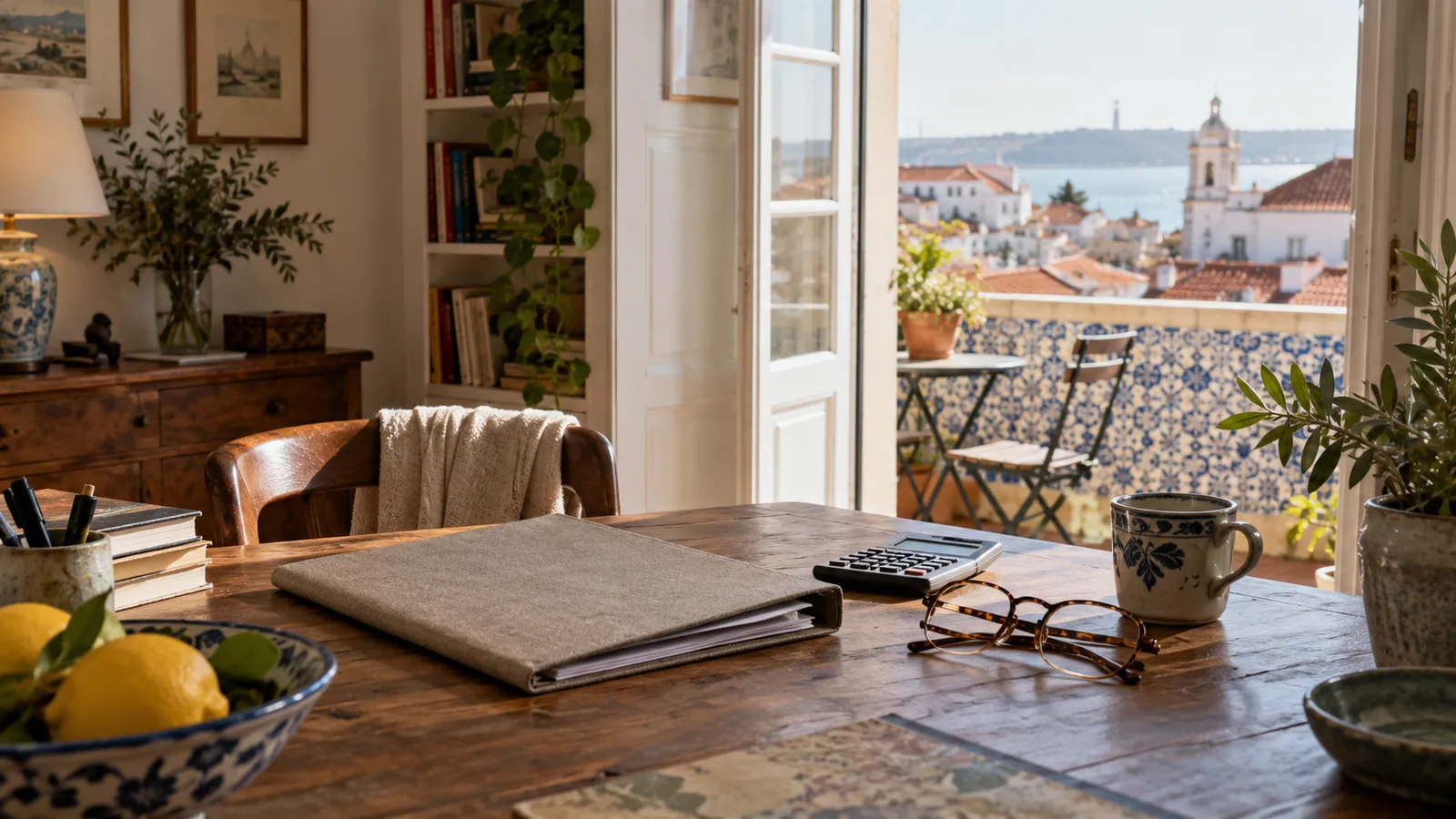 A quiet prospective retiree's apartment study with pension paperwork face-down in a linen folder.