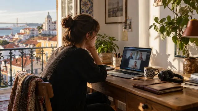 A freelance remote worker's compact desk with a laptop showing a softly blurred video call.
